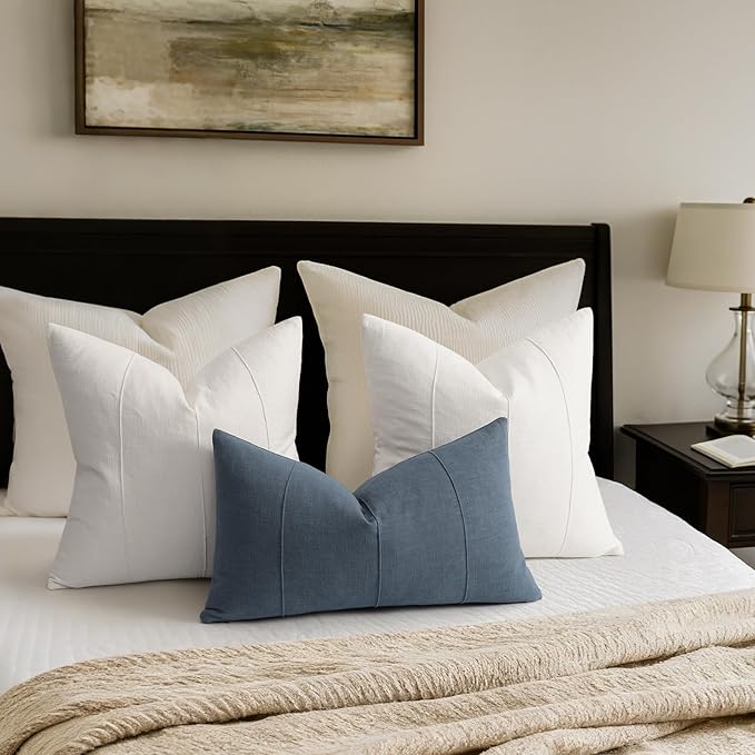 Decorative Linen Throw Pillow Covers 16x16 Set of 2 Solid handcrafted Striped Cushion Covers for Bed Soft Modern Farmhouse Neutral Pillowcase for Couch Bedroom Living Room Home Decor(Cream White)