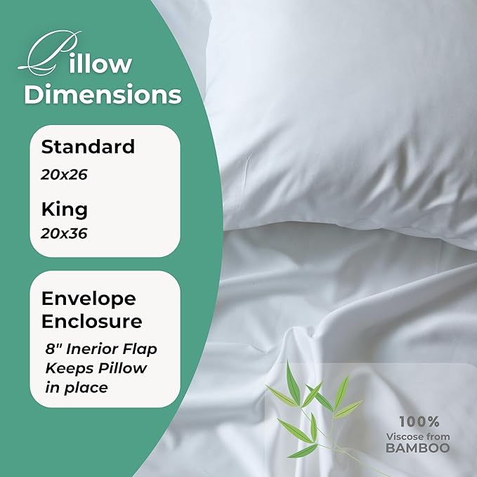 BedVoyage Ultra Soft Standard Pillowcase Set, Cooling & Breathable, Silky & Gentle to Skin and Hair, Luxury 100% Viscose Derived from Bamboo, 20x26 Envelope Closure, 2pc Set, Standard – White