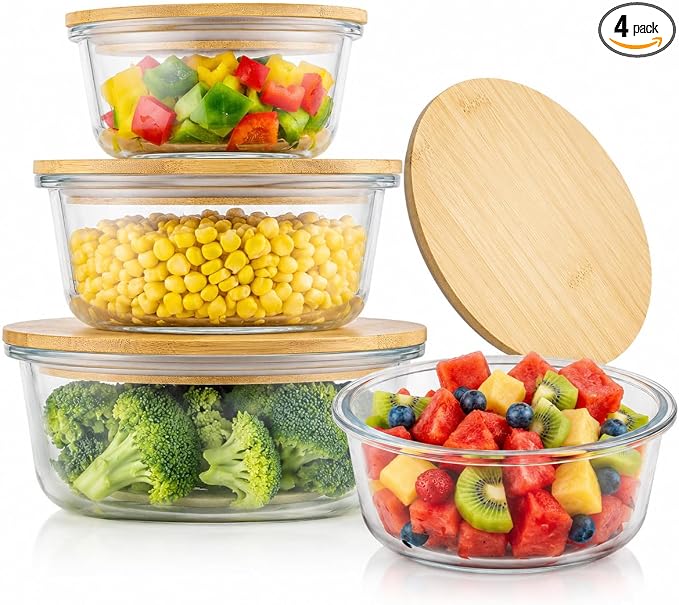 3 Piece Round Glass Food Storage Container Set with Bamboo Lids, BPA-Free Borosilicate Glass, Airtight Silicone Seal, Stackable Kitchen Storage Containers, 20.9oz, 32.1oz & 59.1oz