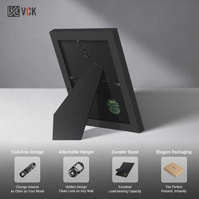 VCK 9x12 Frame Black - 4 Pack, Gallery-Quality Wood Picture Frames, 1.1-Inch Wide Border, Polished Plexiglass, Vertical or Horizontal Wall & Tabletop