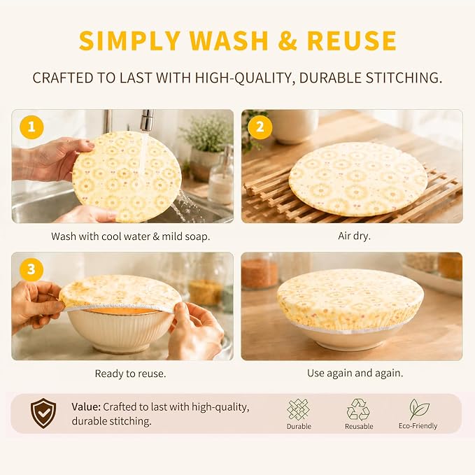 Reusable Bowl Covers Elastic, Beeswax Food Wraps for Sourdough Bread (Beige) | Shower Caps for Sourdough Bread Proofing, Washable Sustainable Cloth Covers for Kitchen Mixing Bowls, 2-Pack