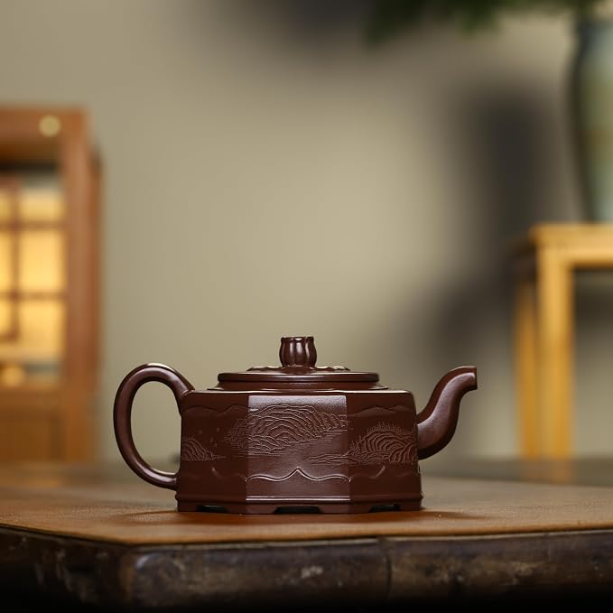 Zisha Teapot, Chinese Yixing Clay Handmade Tea Pot 9.4 Oz, Infuse Brew Kung Fu Loose Leaf Tea Maker (BafangZhoupan,Zini Purple Clay)