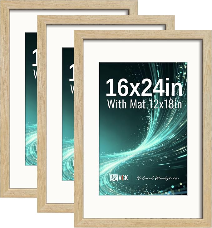 VCK 16x24 Picture Frames Natural - 3 Pack, Wide Border Solid Wood, Display 12x18 Photo with Mat or 16 x 24 Without, for Home, Office, Gallery, Woodgrain Series, Wall Hanging