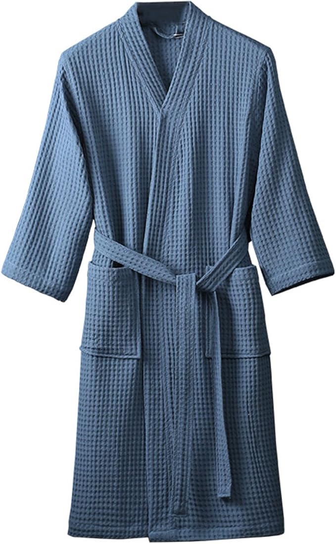 Men & Women Long Sleeve Kimono Bathrobe Lightweight Waffle Absorbent Spa Robe with Belt and Pockets