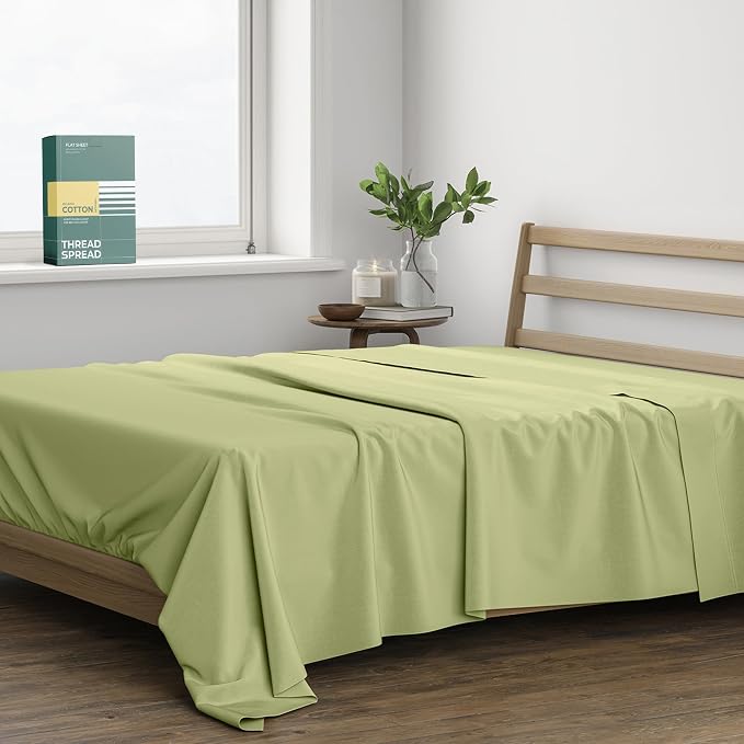 THREAD SPREAD 100% Organic Cotton Percale Flat Sheet Twin XL Size - 1 PC Flat Sheet, Sage Green - Crisp, Cool and Strong Bed Linen, Top Sheets for Hot Sleepers, Luxury Breathable GOTS Certified Sheets