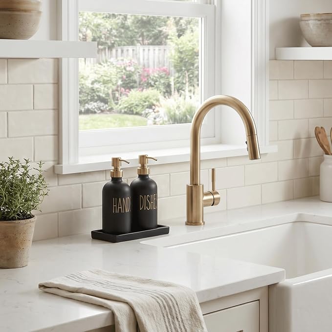 MOMEEMO Black and Gold Soap Dispenser for Kitchen Sink, Hand and Dish Soap Dispenser Set with Ceramic Tray, Suitable for Black and Gold Kitchen Decor. (Black & Gold)
