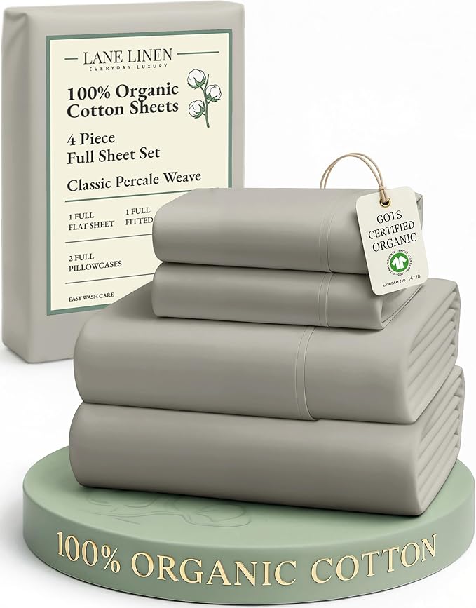 LANE LINEN 100% Organic Cotton Eco Friendly Full Size Sheet & Pillowcase Sets, 15" Deep Pocket Fully Elasticized Soft & Comfy Percale Bedding, Naturally Temperature Regulating Sheets Full- Silver