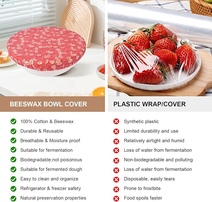 Reusable Bowl Covers for Bread Proofing - Beeswax Bowl Covers Reusable 3 Set, Cotton Blend Stretch Design, Fits 4-13 Inch Bowls, Shower Caps for Sourdough Bread, Dough Proofing & Food Storage（Leaves）