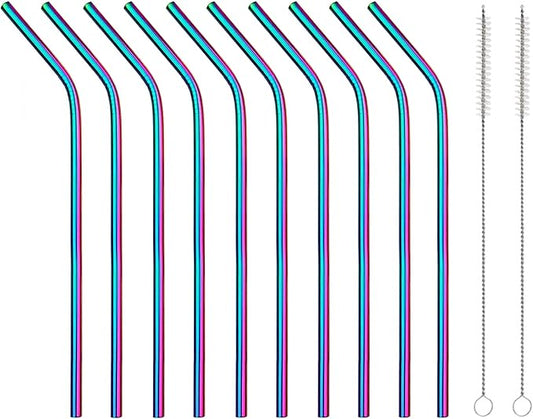 10 Pcs Stainless Steel Straws, Reusable Drinking Straws, Bent Metal Straw Sets with 2 Pcs Cleaning Brushes (Colorful, 10.5 Inch)