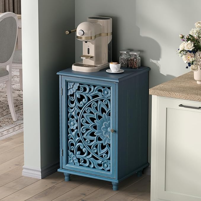 JOINICE Accent Cabinet with Hand-Carved Door for Living Room/Bedroom | Hand-Carved Floral Design, Farmhouse/Rustic Style, Space-Saving, Sofa Table, Solid Wood Legs, Adjustable Shelf, Easy Assembly