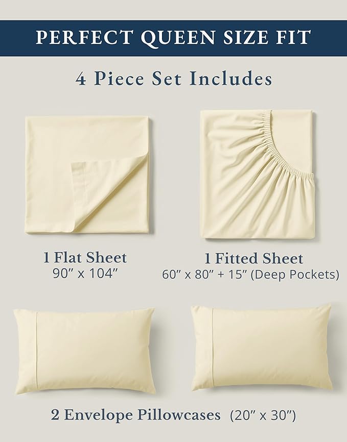 LANE LINEN 100% Organic Cotton Queen Sheets, 4Pc Cotton Sheets Set, Classic Percale Weave Bedsheets Queen Size Bed, Soft Breathable Sheet & Pillowcase Sets, Deep Pocket 15" - Natural
