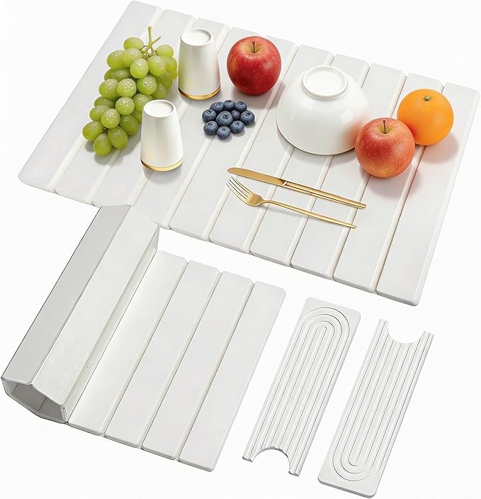 3PCS Set Large Stone Drying Mat for Kitchen Counter Foldable Collapsible Fast Drying Stone Dish Mat Water Absorbing Natural Diatomaceous Earth Bath Mat Quick Dry Stone Tray Bathroom Countertop, White