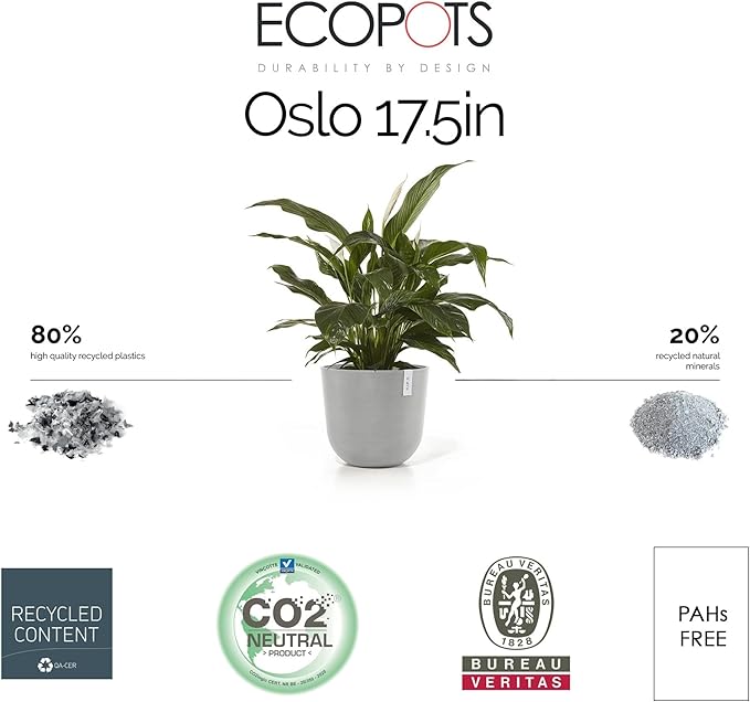 Ecopots Oslo Durable Modern Round Indoor/Outdoor Recycled-Based Composite Flower Pot Planter, White Grey, 17.75"