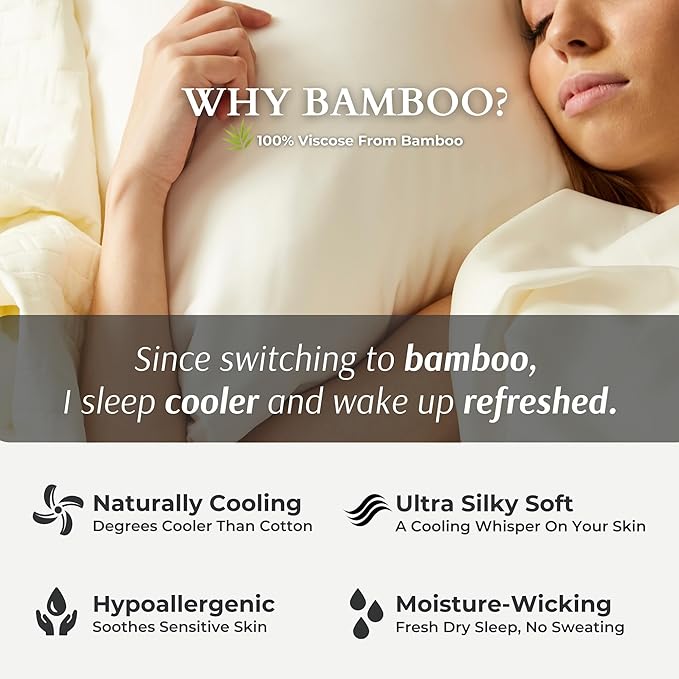 BedVoyage Ultra Soft Standard Pillowcase Set, Cooling & Breathable, Silky & Gentle to Skin and Hair, Luxury 100% Viscose Derived from Bamboo, 20x26 Envelope Closure, 2pc Set, Standard – Ivory
