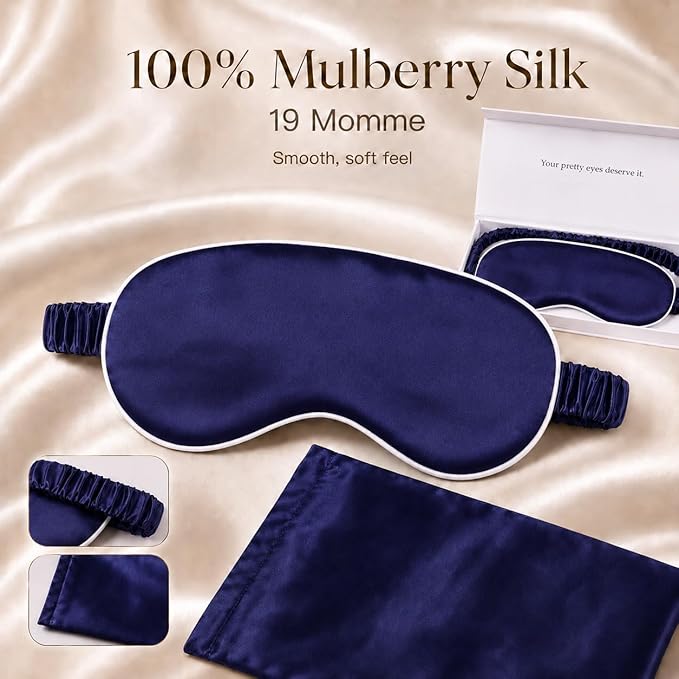 Silk Sleep Mask Light Blocking Luxury 100% Mulberry 19mm Silk Eye Mask Eye Cover Blindfold Ultra Soft Light & Comfy Anti Aging Skin Care with Travel Bag Gift Package