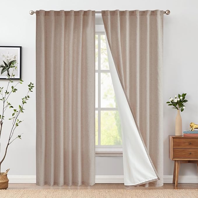 jinchan Extra Wide Sliding Door Curtain 84 Inch Length with White Privacy Lining Taupe Linen Lined Curtains for Patio Door Living Room Bedroom Light Filtering Drapes 100 Inches Wide 1 Panel
