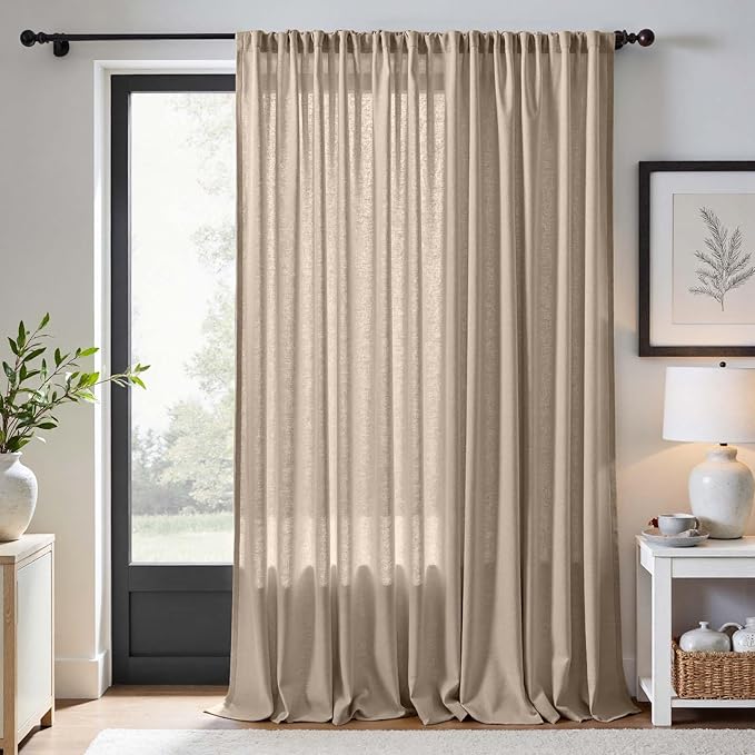 jinchan Extra Wide Sliding Door Curtain 120 Inch Length Taupe Linen Curtains Semi Sheer Drapes for Patio Door Living Room Bedroom Floor to Ceiling Light Filtering Drapes 100 Inches Wide 1 Panel