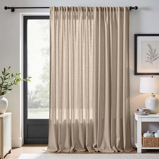 jinchan Extra Wide Sliding Door Curtain 120 Inch Length Taupe Linen Curtains Semi Sheer Drapes for Patio Door Living Room Bedroom Floor to Ceiling Light Filtering Drapes 100 Inches Wide 1 Panel