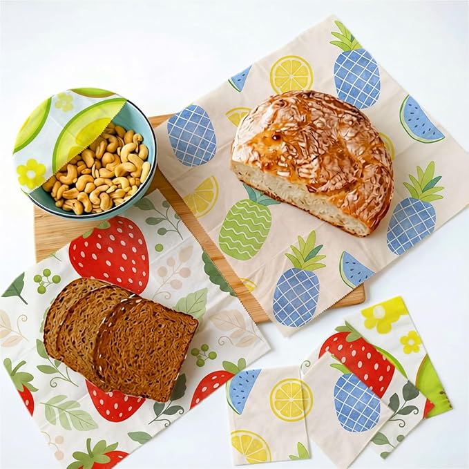Reusable Beeswax Wraps, 9 Pack Sandwich, Bowl, Bread, Eco-Friendly, Organic, Sustainable, Zero Waste, Plastic-Free, 1XL, 3M, 5S, Fruit Pattern (Strawberry, Lemon, Kiwi, Pineapple)