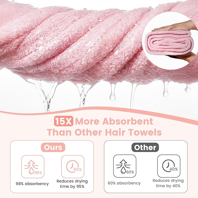 3 Pack Microfiber Hair Towel Wrap for Women, Large Fast Drying Hair Turban, Ultra Soft Thick Anti-Frizz, Double Stitched Edges & Stay in Place No Slip Design for Curly Long Wet Hair(Pink/Grey/Blue)