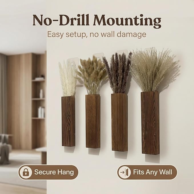 4-Piece Wooden Hanging Wall Vase Set with Pampas Grass and Eucalyptus Dried Flowers, Modern Farmhouse Home Decor for Living Room Entryway Bathroom Hallway Dining Room（Walnut）
