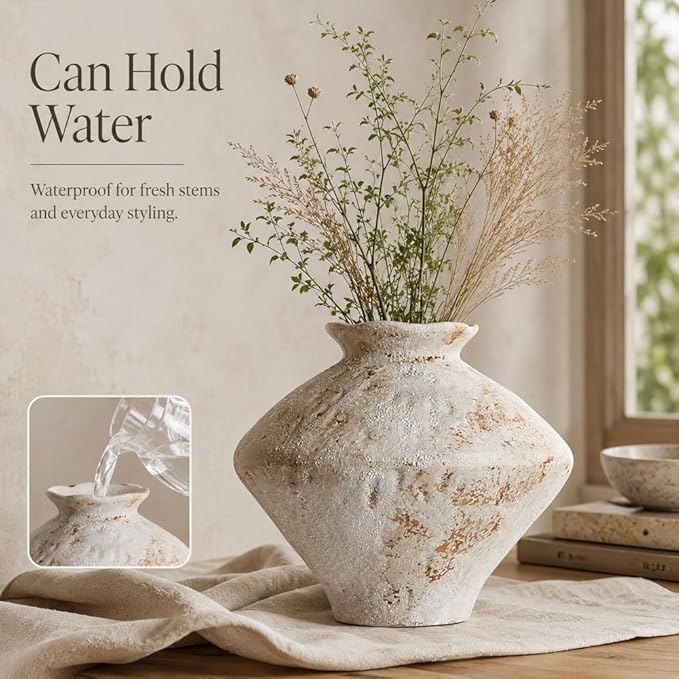 Wabi Sabi Rusty Vintage Vase, 11.4" Tall Wabi Sabi Decor Rustic Farmhouse Pottery Vase for Centerpiece, Textured Pottery Flower Vases for Home Decorative, Table, Living Room (White, Large)