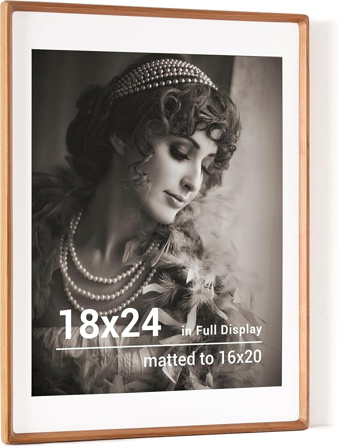 18 x 24 Poster Frame, USA-Sourced Cherry Wood Picture Frame with HD Tempered Glass, Handcrafted Rounded Corner 18x24 Wooden Frames Matted to 16x20 Photos, Horizontal or Vertical Wall Display