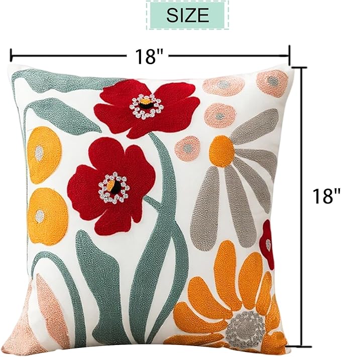 Embroidered Throw Pillow Cover 18x18 Inch,Cotton Canvas Floral Pillow Case, Daisy Wildflower Leaf Boho Farmhouse Decorative Cushion Square for Sofa Bedroom Living Room Outdoor Couch Farmhouse(A001)