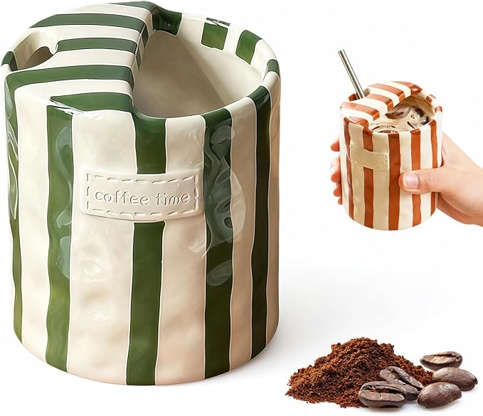 Shelprojsu 10oz Ceramic Coffee Mug,Retro Striped Coffee Cups,with Sip hole Espresso Ceramic Cup,novelty Hand-Painted Striped Travel Mugs-ideal Gift for Coffee Lovers(Green)