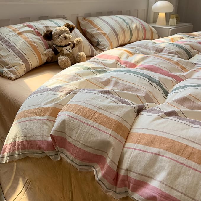mixinni Vintage Striped Duvet Cover Set Queen, 3-Piece 100% Washed Cotton Bedding Set - Soft & Breathable Colorful Comforter Cover with Zipper, All-Season Lightweight Bed Set for Cozy Home