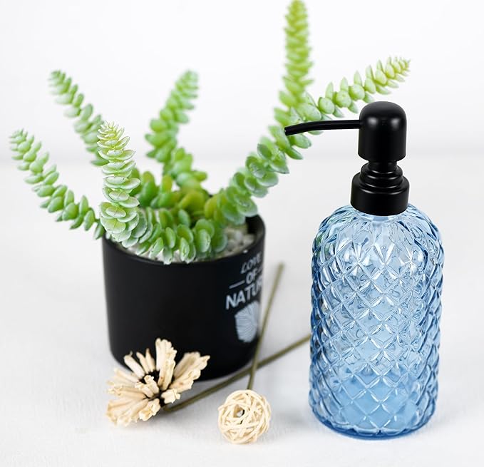 12Oz Glass Soap Dispenser with 304 Black Rustproof Stainless-Steel Pump, Refillable Glass Soap Dispenser for Kitchen, Bathroom, Farmhouse (Blue)
