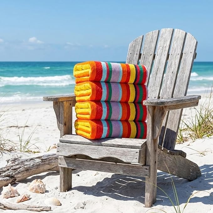 CASA COPENHAGEN Monaco Beach Towels Designed in Denmark Rough and Tough, Quick Dry, for Pool, Bath & Shower 30x60 inches 4 Pieces Cotton Beach Bath Towels Set - Rainbow