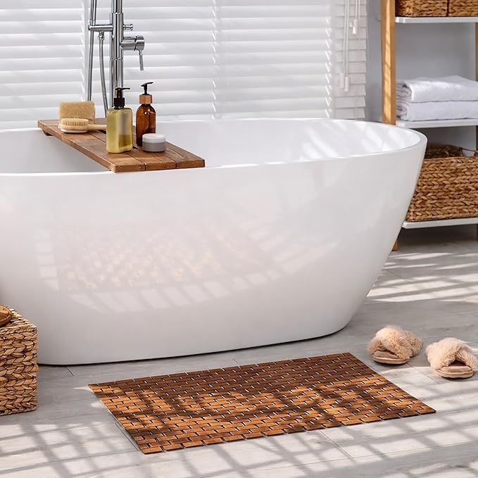 EVIDECO French Home Goods Rectangular Natural Bamboo Bathroom Mat - Non Slip Bath Mat - Perfect for Shower, Spa, Sauna and Bathroom Decor - Foldable Duckboard, 16 x 40 inches, Brown