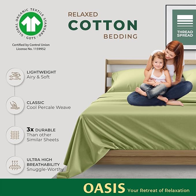 THREAD SPREAD 100% Organic Cotton Sheets Twin XL Size - 3 PC Organic Cotton Twin XL Percale Weave Sheet Set, Soft, Cooling, Crisp & Breathable, 16" Deep Pocket Bedding Set for Dorm Room - Sage Green