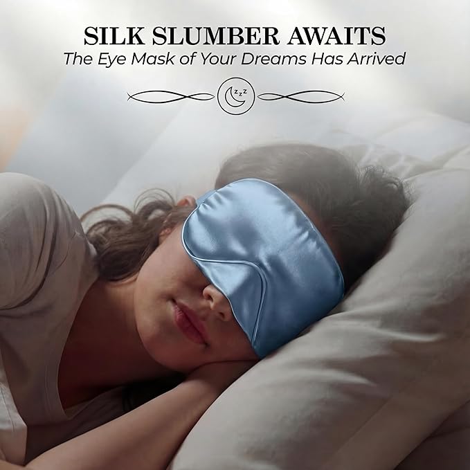 SLEEP SANCTUARY 100% Pure Mulberry Silk Sleep Mask - 22 Momme Light Blocking 3D Contour Silk Eye Mask for Sleeping - Secure Fit for Side Sleepers, Women & Men - Cloud Soft (Misty Blue)