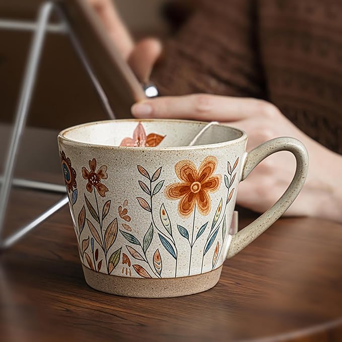 15oz Vintage Floral Ceramic Coffee Mug, Hand-Painted Lead-Free Tea Cup with Comfort Handle, Microwave & Dishwasher Safe for Home Office & Gift for Women (Orange Floral, 15, ounces)