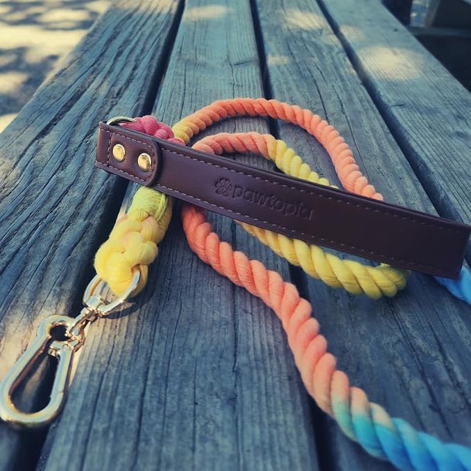 Pawtopia 5FT Dog Leash & Collar Set - Small Dogs, Cotton Braided Rope with Vegan Leather Handle (Brown) with Two Complimentary Rolls of Dog Poop Bags (30 Bags), Durable Clasp (Vivid Rainbow, Small)