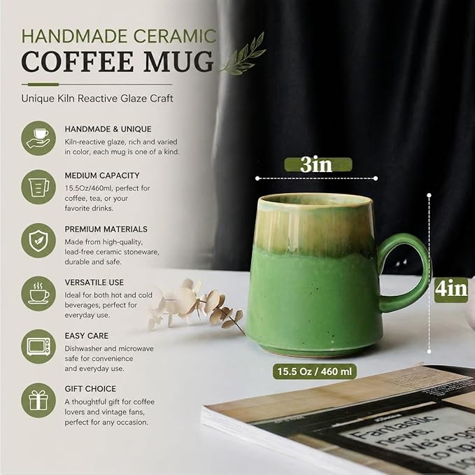 15oz Retro Japanese style Handmade Ceramic Coffee Mug - Unique Pottery tea cup, Lead-free Artisanal stoneware ceramic tea mug, Dishwasher & Microwave Safe Coffee cup for office and home, Green