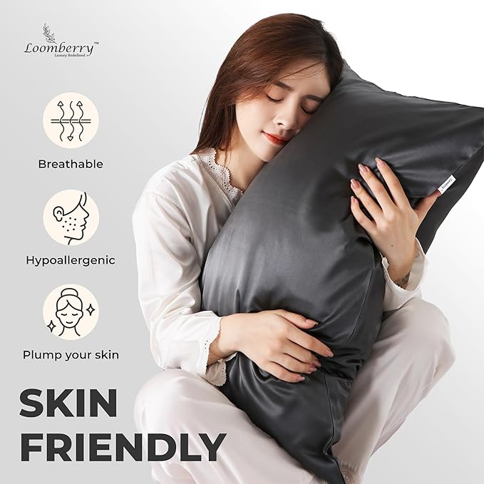 100% Pure Mulberry Silk Pillowcase for Hair and Skin, 6A Grade 22 Momme Silk Pillow Cases with Zipper, Soft Cooling Washable Both Sided Silk Pillow Cover (Charcoal, Queen 20''x30'')