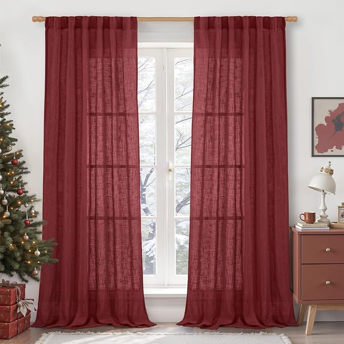 LAMIT 95 Inches Long Linen Curtains for Living Room, Back Tab and Rod Pocket Semi Sheer Panels Light Filtering Christmas Drapes for Bedroom/Dining Room, Burgundy Red, Set of 2, 52 x 95 Inch