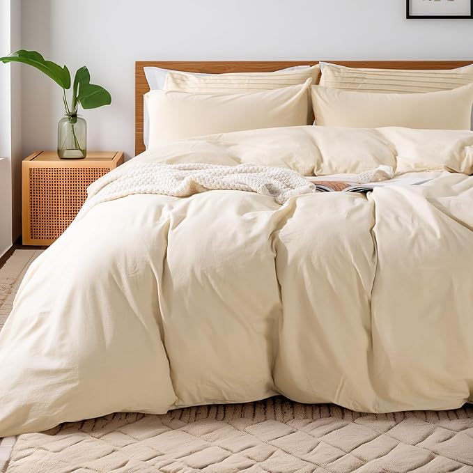 NEXHOME PRO Duvet Cover Set King Size Linen Look Textured Organic Natural 100% Washed Cotton Duvet Cover 3 Pieces Bedding Set with Zipper (No Comforter)