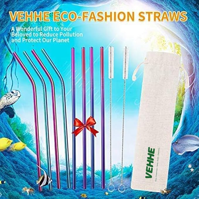 VEHHE Metal Straws Drinking Straws 10.5" Stainless Steel Straws Reusable 8 Set - Ultra Long Rainbow Color-Cleaning Brush for 20/30 Oz for Yeti