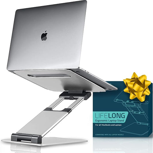 Lifelong Aluminum Adjustable Laptop Stand, Extra Tall 20" Riser, Silver | Ergonomic Laptop Stand for Desk, Portable Foldable Computer Stand, Fits 10-17 Inch Laptops & MacBooks