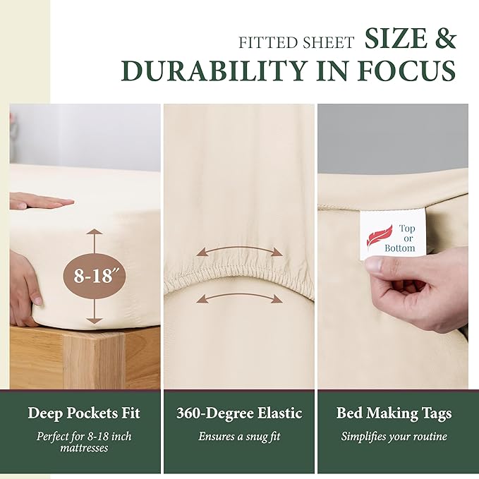 100% Organic Cotton Sheets King Size - Organic Cotton King Size Percale Weave Sheet Set (4 PC, Ivory), Soft, Cooling, Crisp & Breathable, 16" Deep Pocket Hotel Quality Bedding Set