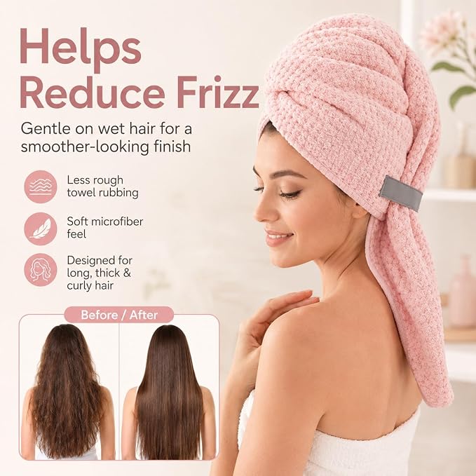 Large Hair Towel Wrap for Women, Quick-Dry Turban, Ultra Absorbent & Anti-Frizz, Ideal for Long, Thick & Curly Hair, Soft Lightweight Microfiber Drying Towel (24x42, Pink)