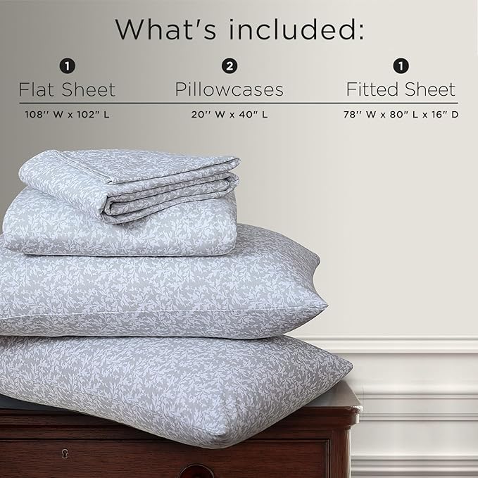 Briarwood Home® Printed Flannel Sheet Set, 100% Natural Cotton, Soft, Warm & Deep Pocket, Advanced Nano-Tech Making it Resistance to Pilling; Brushed 6 Times for Softness (La Folia Grey, King)