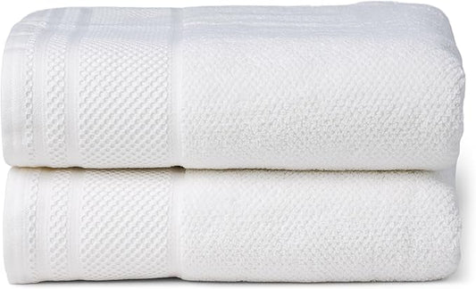 Texere 100% Organic Cotton Rice Weave Jacquard 700 GSM Luxury Bath Towel Sets - Ultra Soft and Absorbent Hotel and Spa Quality (Rice Weave, Bright White, 2 Bath Towels)