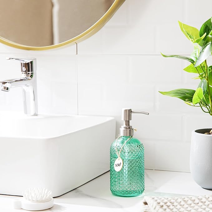 HBlife 2 Pack 16 Oz Glass Soap Dispenser with Stainless Steel Pump, Kitchen Bathroom Refillable Lotion Dispenser (Green)