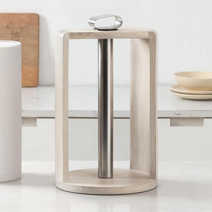 Anji Mountain Wooden Paper Towel Holder with Iron Holder, Holder Stand for Kitchen Roll Organizer & Kitchen Dining Table Home Décor, Countertop Fits Jumbo & Mega Rolls - Whitewash/Nickel, Top Load