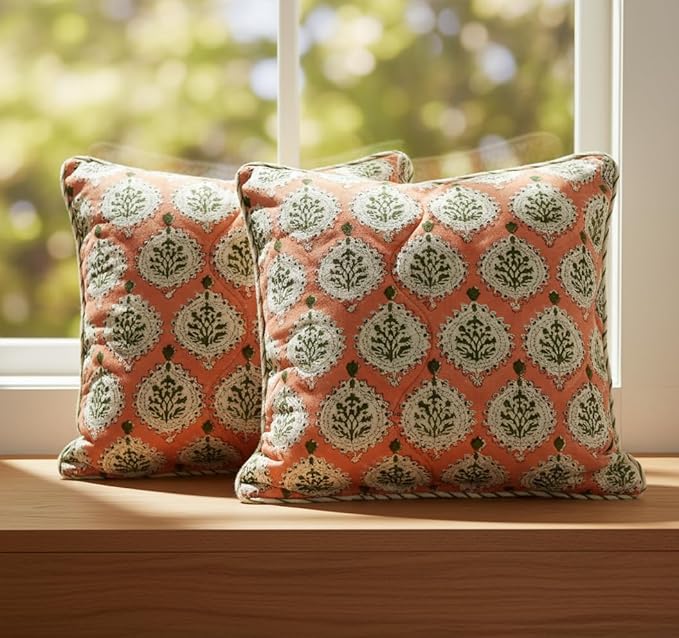 ATOSII Block Print Throw Pillow Covers, 18" X 18" - Set of 2, Decorative Couch Pillows for Living Room Bed Sofa, 100% Cotton Canvas Pillow Case for Home Decor & Outdoors, Preppy Throws - Kari